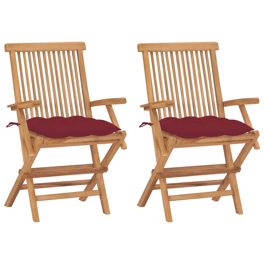 Chaises de jardin en teck massifs anti-intempéries avec coussins bordeaux