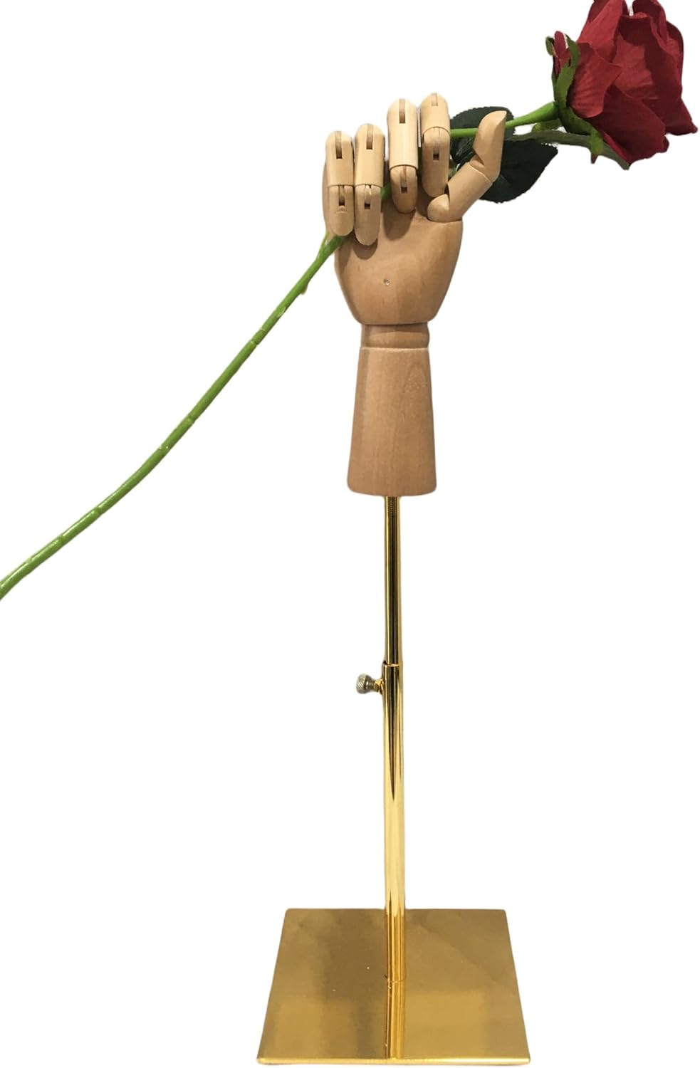 Generic WDH01 wooden mannequin display hand holding a single red rose.