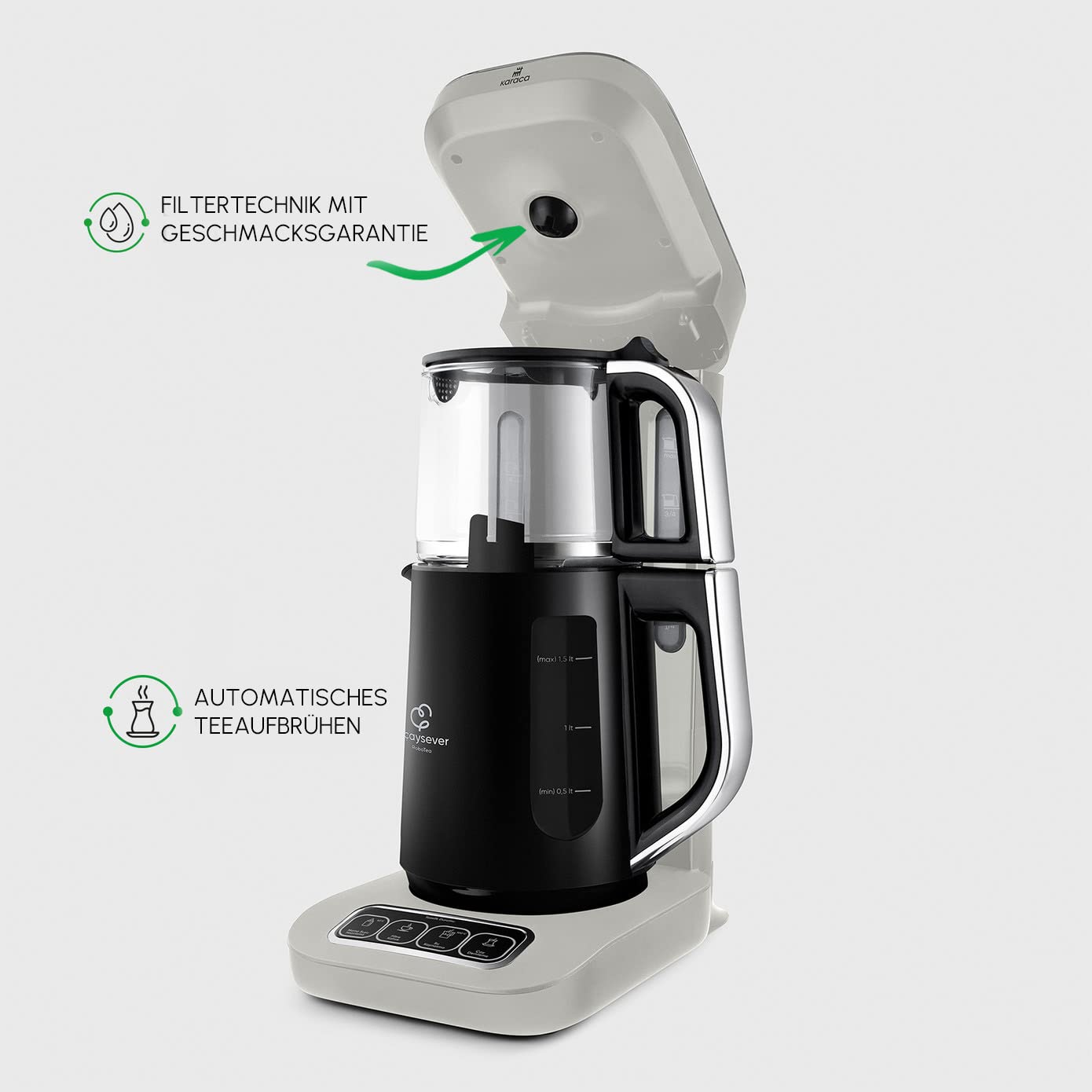 Karaca Çaysever Robotea Pro 4 w 1 automatyczny szklany zaparzacz do herbaty, czajnik i ekspres do kawy, 2500 W, ze wskaźnikiem świeżości, funkcją podgrzewania wody dla niemowląt i prowadzeniem