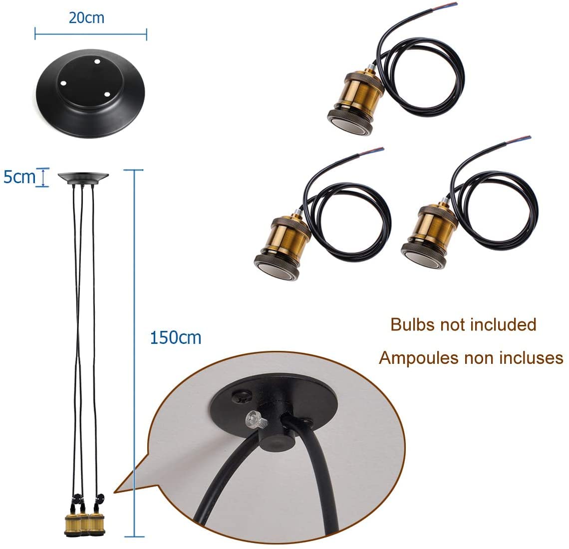 iDEGU DIY Pendelleuchte 3-flammig Hängelampe mit 150cm Kabel Retro Spinne-Stil Kronleuchter E27 Kreativ Vintage Schwarz Deckenleuchte Hängeleuchte Wohnzimmer,Restaurant,Café (3 Köpfe, Messing Fassung)