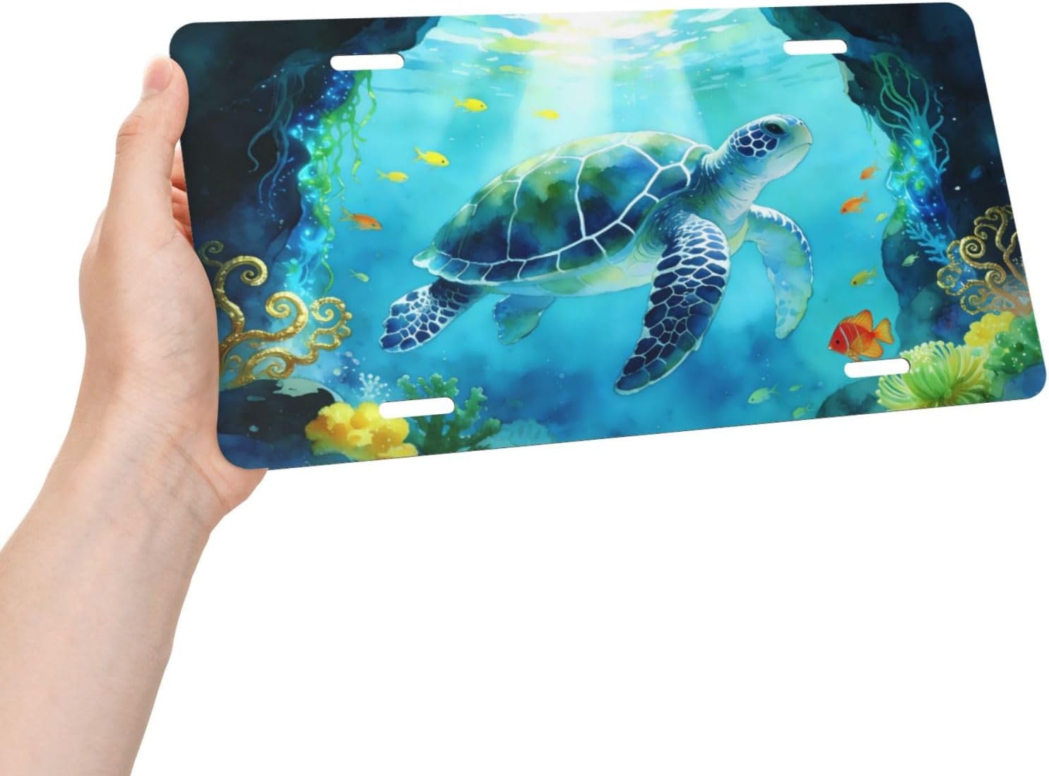 Watercolor Sea Turtle Underwater Ocean Cave Front License Plate Aluminum License Plates Decorative Car Plate Novelty Vanity Tag Cover Car Decor Accessory with 4 Holes for Men Women 6x12 Inch