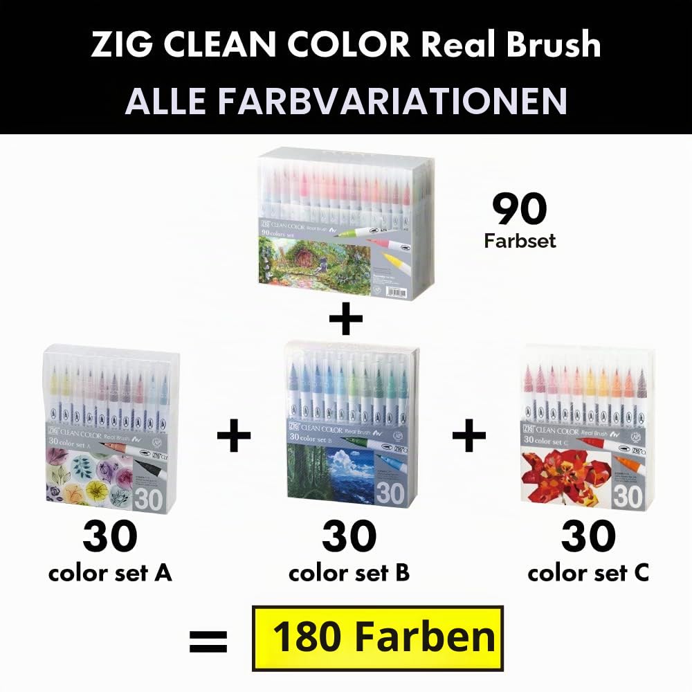Kuretake ZIG Clean Color Real Brush, 30 Farben Set, flexible Pinselspitzen, Aquarellstifte für Malen, Zeichnen, Kalligraphie und Pinsel-Schriftzug, hergestellt in Japan