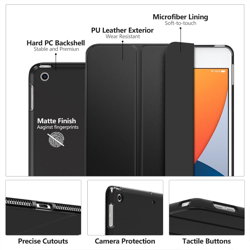 MoKo Cover per iPad 9a 2021/iPad 8a 2020/iPad 7a 2019, iPad 10,2 Case Ultra Sottile Leggero Custodia in Tri-Fold Auto Sonno con Retro Rigido, Nero