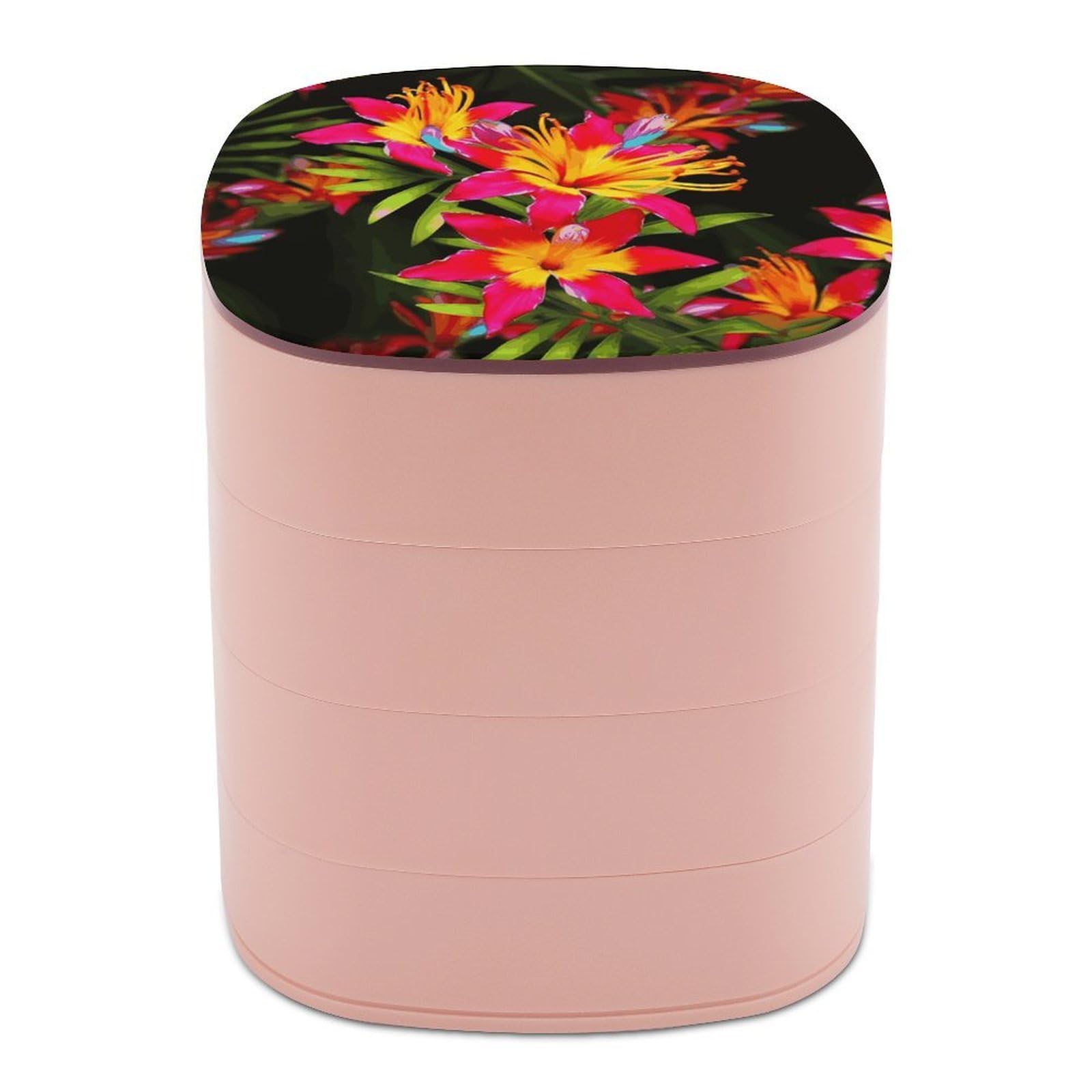 Btcowzrv Women's Style Hawaiian Colorful Flower Jewelry Organizer With Mirror, 4-Layer Rotating Jewelry Box For Ring Earring Necklaces Bracelets Hair Accessories, Gift For