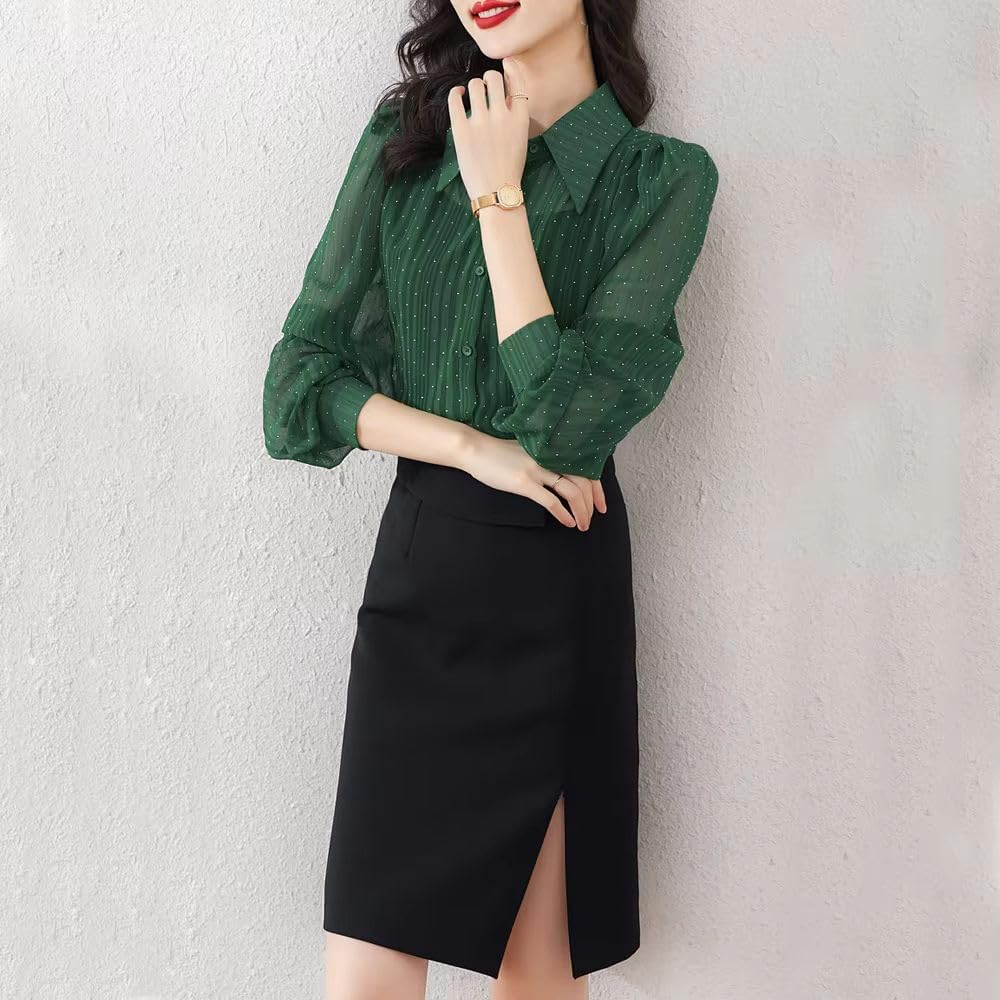 Women's Thin Mesh Shirt Casual Spring Summer Loose Clothes Female Polka Dots Top Long Sleeve Blouse