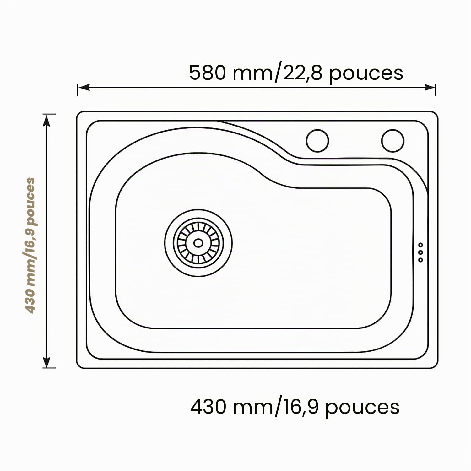 Évier de cuisine double en acier inoxydable - 1 bac et siphon (43 * 58cm)
