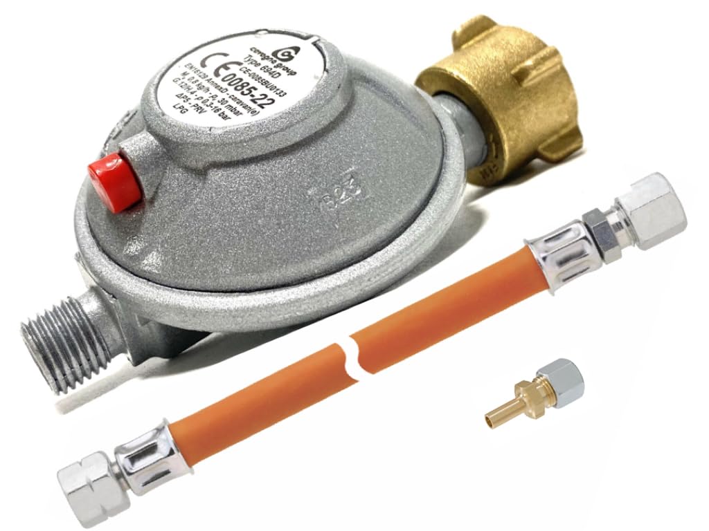 Gasregler Caravan Fahrzeugregler 30 mbar mit Schlauch 8mm und Adapter auf 10 mm