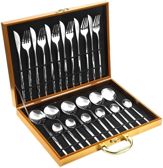Silverware Flatware Set, 24-piece Stainless Steel Cutlery Set, Golden Wooden Box, Portuguese Steak Knife, Fork And Spoon, Four-piece Set(Color:Silver)