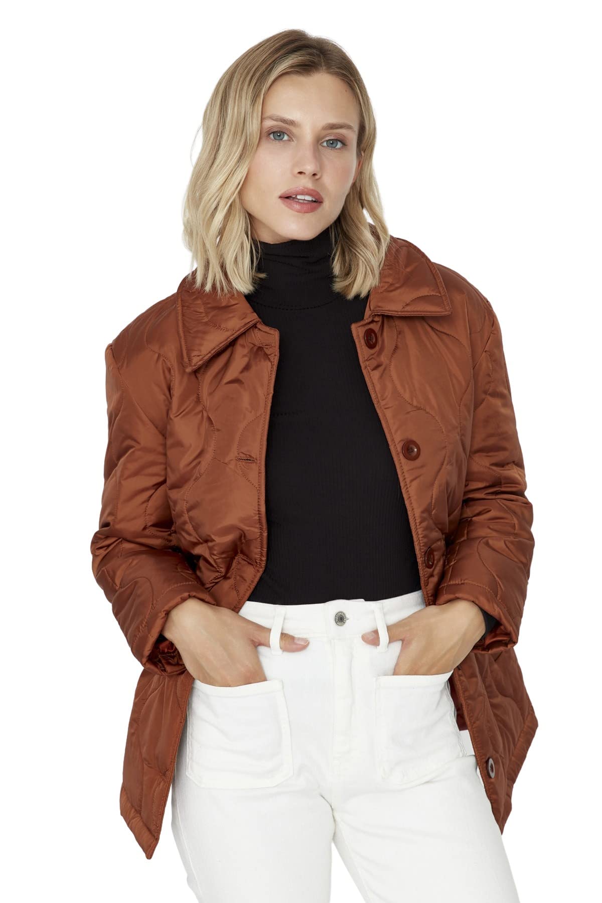 Trendyol Women Regular Puffer Shirt Collar Woven Jacket Brown