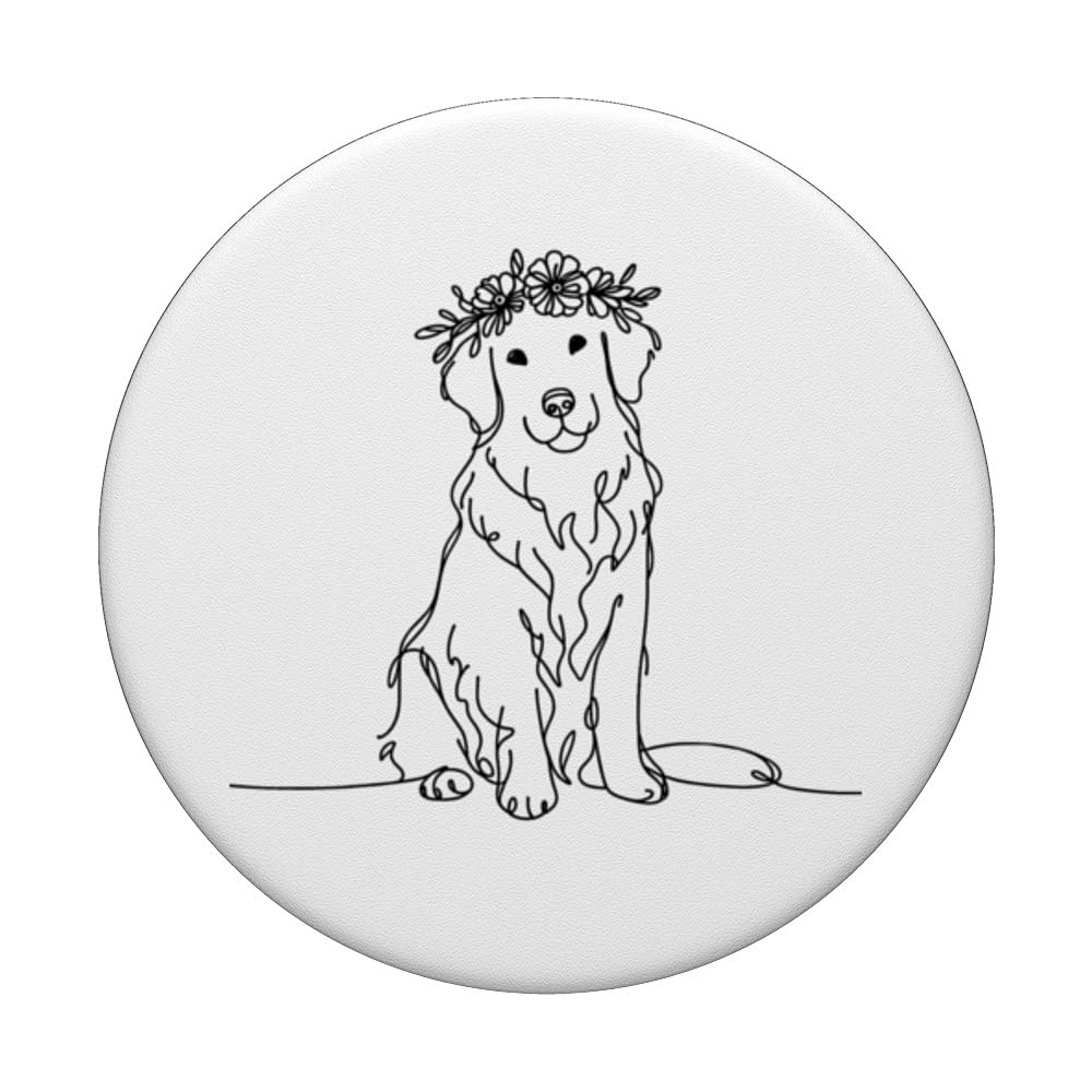 One Line Doodle Golden Retriever Flower Crown Dog Lover Gift PopSockets Swappable PopGrip, Black - Image 3