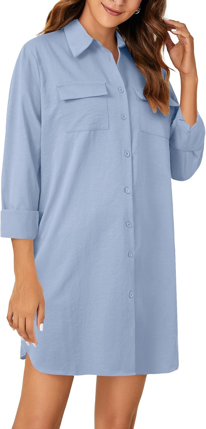 LYANER Women's Button Down Shirt Dresses Collared V Neck Long Sleeve Slit Mini Dress - Image 4