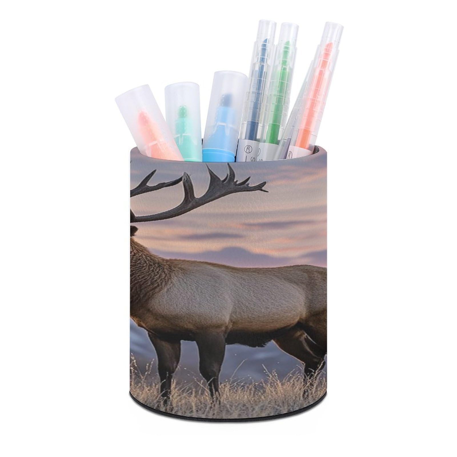 VstaDank Red Deer Bull Elk Sunset Pen Holder for Desk Makeup Brush Holders Stylish Pen Cup Cute Pencil Cup Round Pencil Holder Decor Brush Scissor Holders for Multifunctional Office Supplies