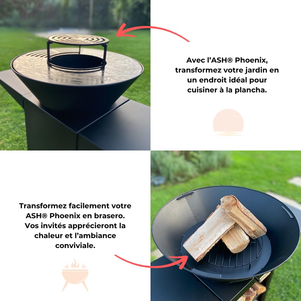 ASH Phoenix - Plancha Grill de Jardin Avec Cheminée - Noir - Acier - Barbecue Brasero Outdoor 60Ø x 115cm - Extra Large - Rangement Bois