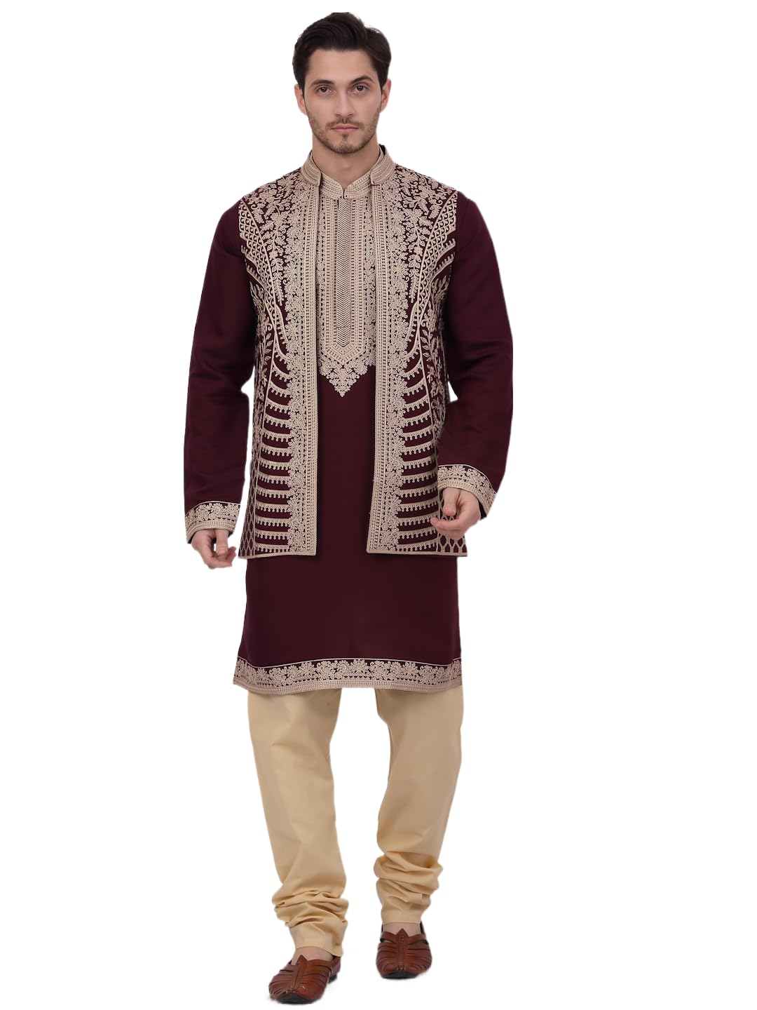 Jompers Men's Maroon Embroidered Waistcoat And Kurta Pyjama. (Maroon, S)