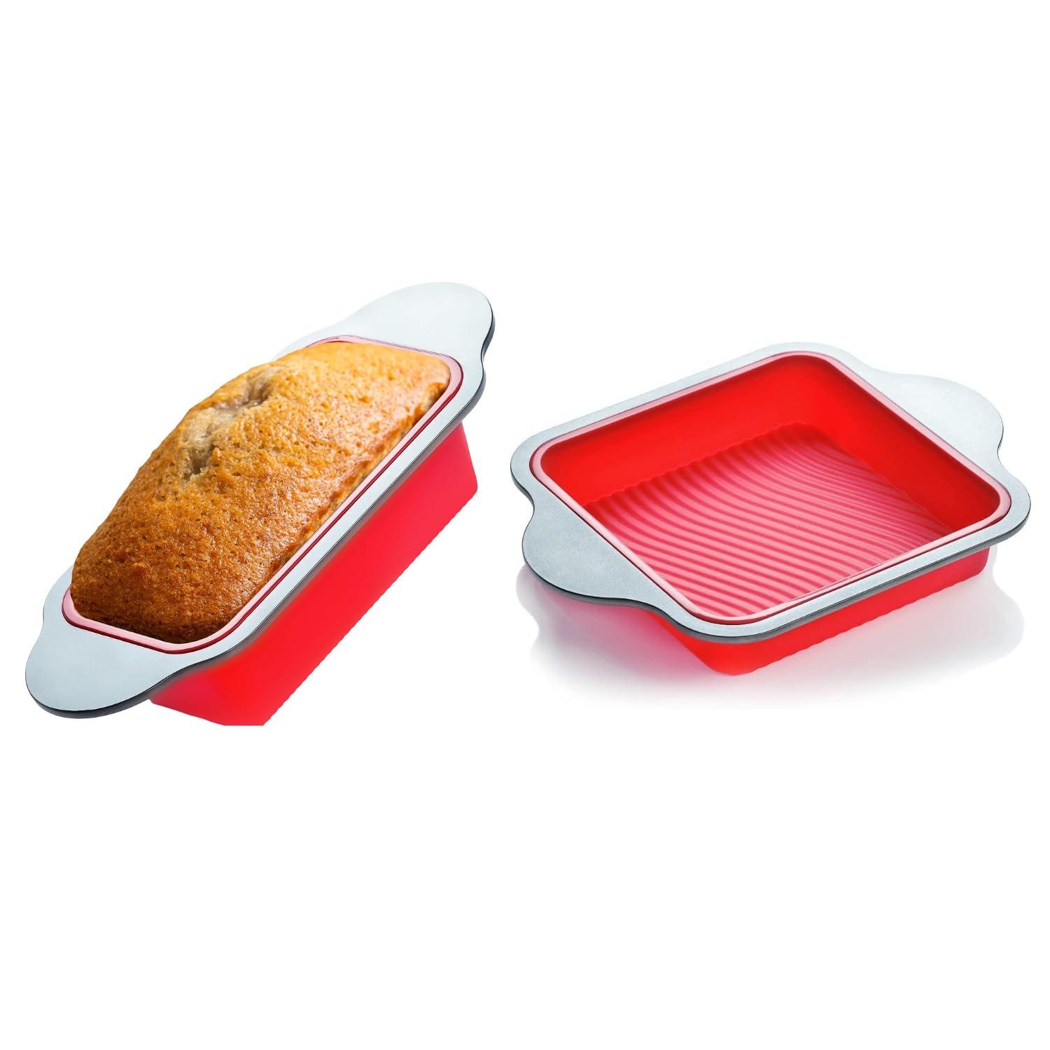 Silicone Baking Set: 9x5 Bread Loaf Pan & 8x8 Square Cake and Brownie Pan - Non-Stick, Easy Release with Steel Frame Handles.