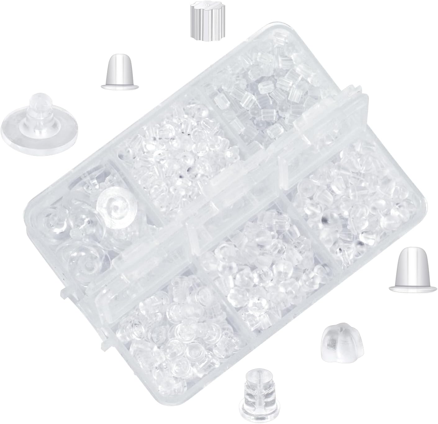 6 Styles Silicone Earring Backs for Studs/Droopy Ears/Heavy Earring, 600 Pcs Clear Soft Hypoallergenic Plastic Rubber Backs Replacements Backings Clutch Stoppers Kits 6 style silicone