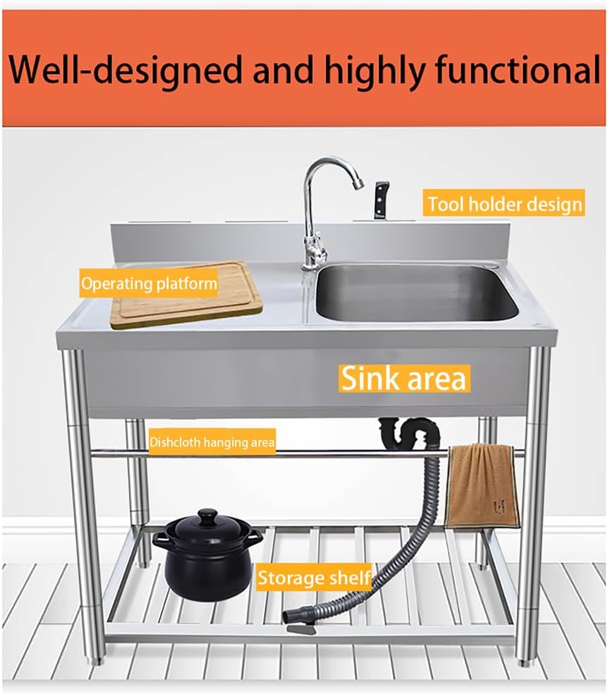 31.5-39.37In Freestanding Utility Sink,Outdoor Stainless Steel Kitchen Sink,with Workbench,Hot And Cold Water Faucet,for Laundry Room Farmhouse Indoor And Outdoor,Silver,90 * 50 * 80cm