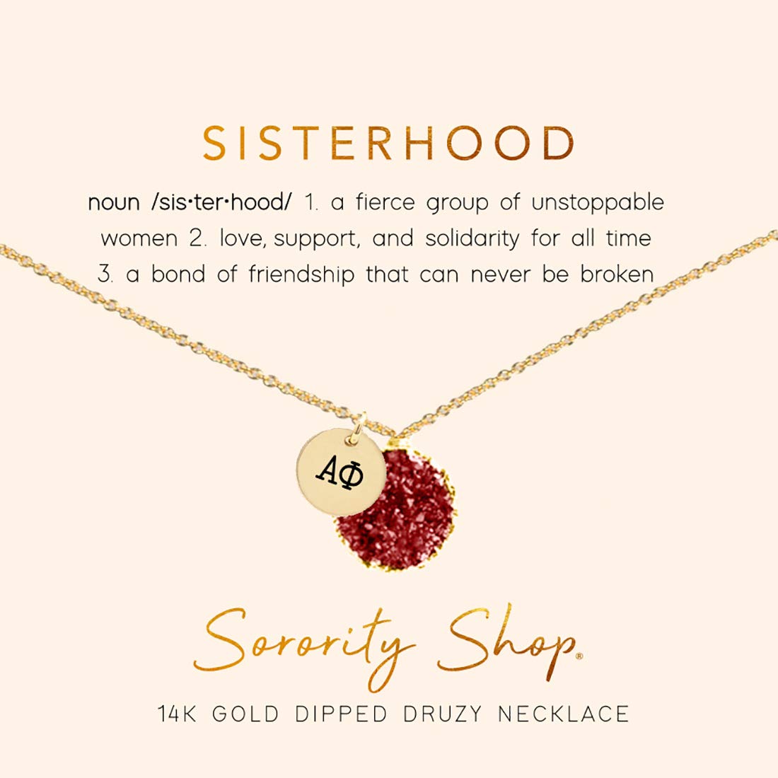 Sorority Shop AP Necklace - Alpha Phi Red Druzy Gemstone Necklace With Engraved Pendant – 14K Gold Dipped Jewelry with Red Gemstone – Sorority Gift, Charm Paraphernalia