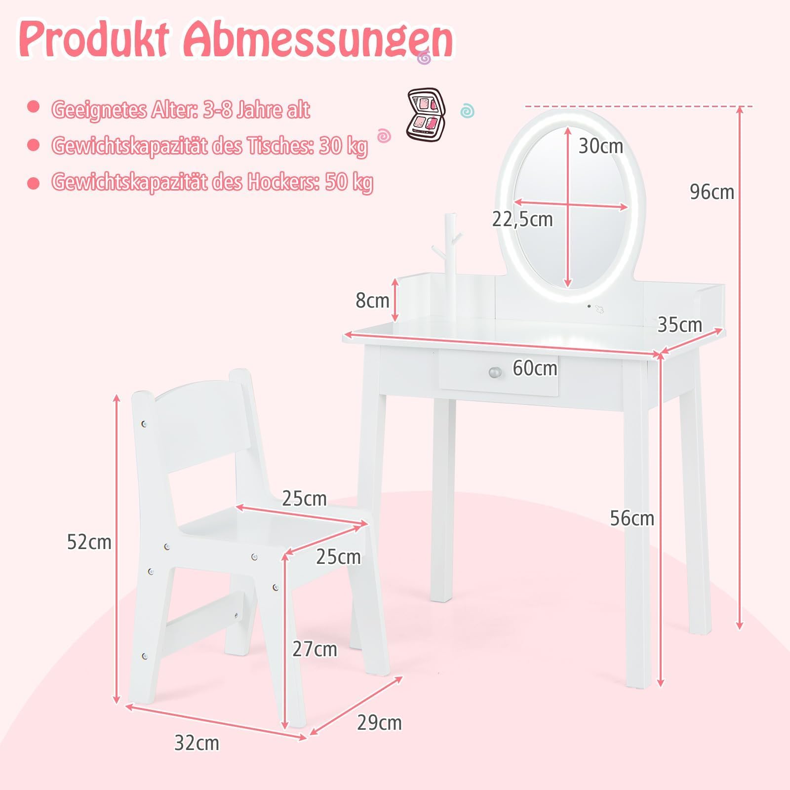COSTWAY 2 in 1 Kinder Schminktisch mit Hocker, Frisiertisch mit Beleuchtung, Schminkkommode aus Holz mit Schublade & Schmuck-Organizer, Kosmetiktisch Prinzessin für Mädchen ab 3 Jahren (Weiß)