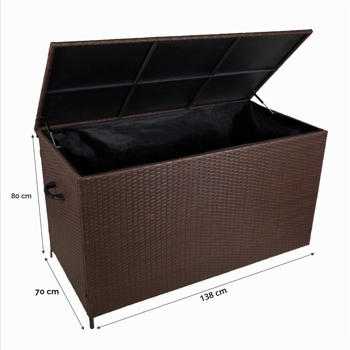 Coffre de Rangement Jardin Extérieur 586 L en Rotin Marron Résistant Aux Intempéries Doublure Zippée Rangement de Coussins Serviettes Jouets Meuble de Jardin Terrasse Cadre en Acier Verin en Gaz