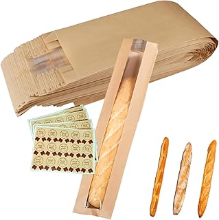 Cunguv Baguette Bread Kraft Paper Bag with Front Window Paper Bread Bags for Long Loaf Homemade with Stickers 23.6 x 4.3 x 1.6 Inch