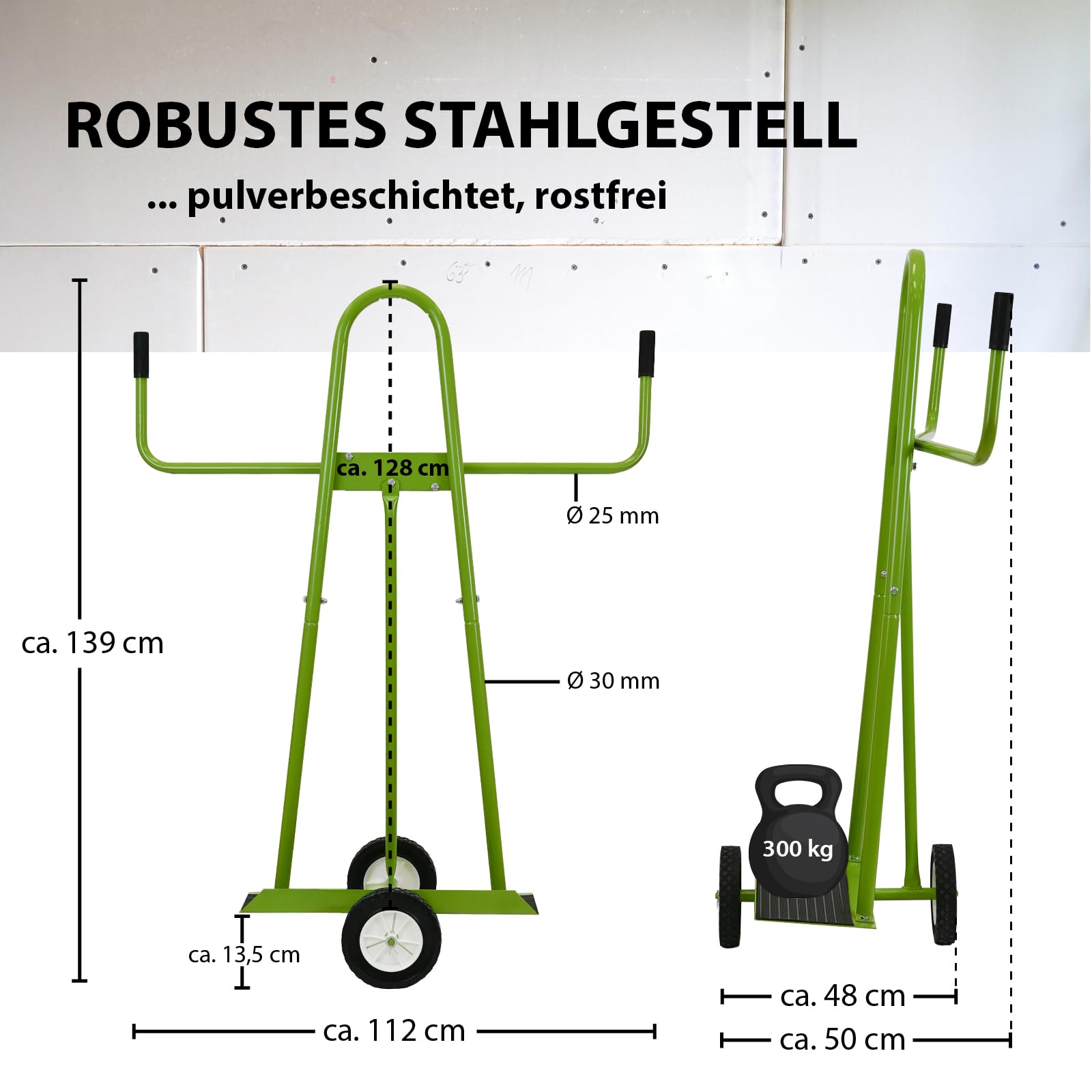 TRUTZHOLM Plattenwagen Stahl pulverbesichtet rostfrei Tragkraft 300 kg Aufstellbreite 18 cm Aufstellhöhe 128 cm pannensichere Vollgummiräder Plattentransportwagen Transportwagen Plattenkarren in Grün