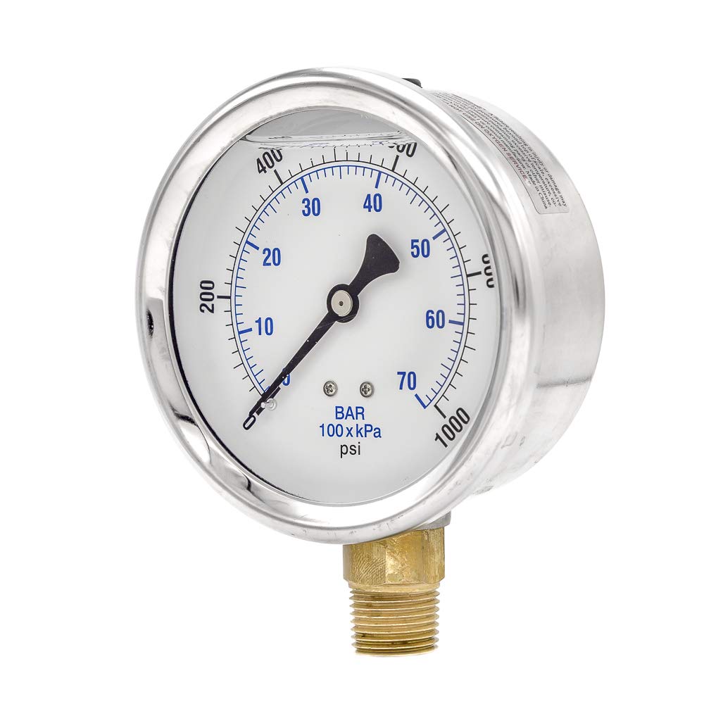 PIC Gauges 201L-402C Bottom Mount Glycerine Filled Pressure Gauge w/ SS Case, Brass Internals, SS Bezel, PC Lens, 4" Dial, 0/30 psi Range, 1/2" Male NPT