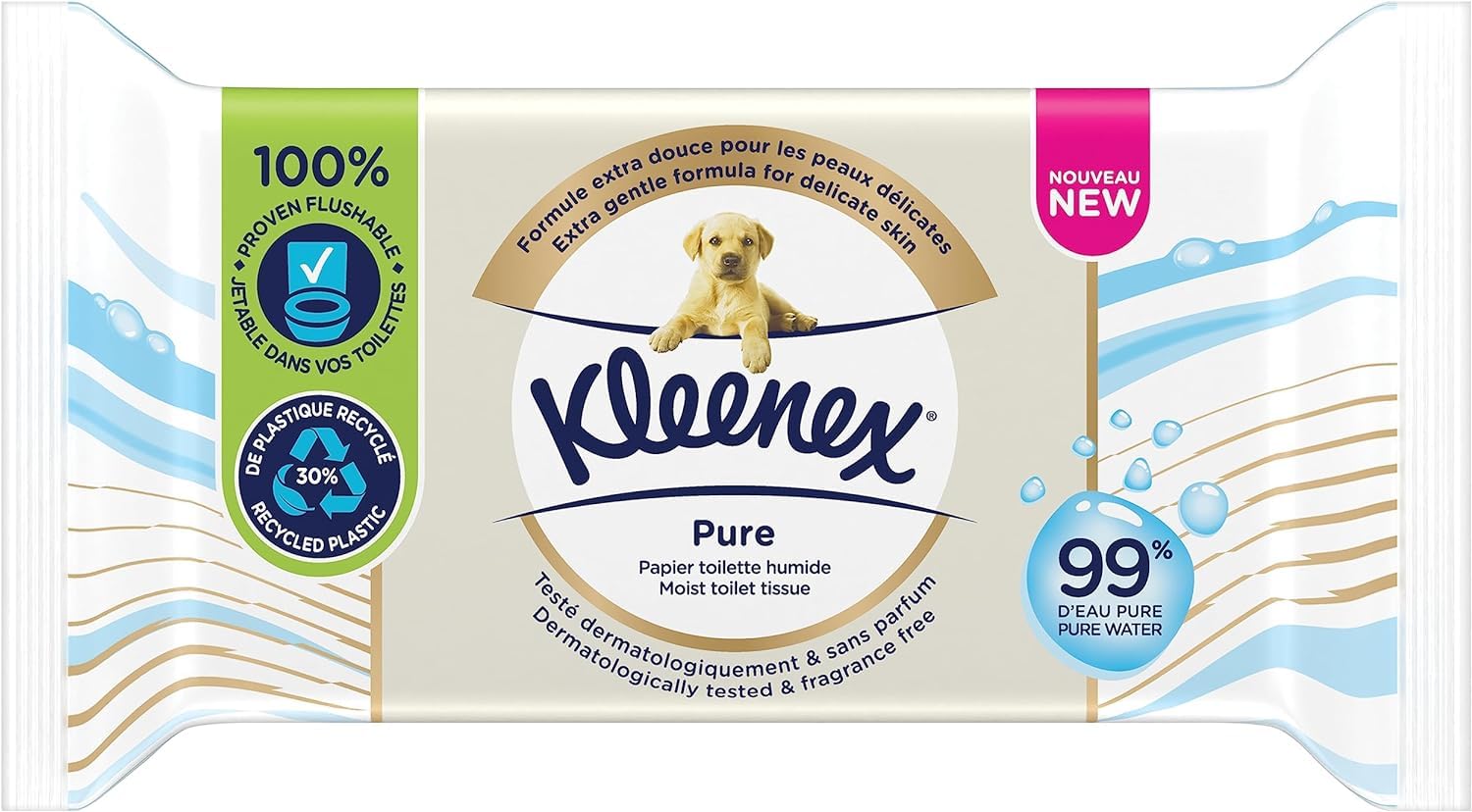 KLEENEX Pure - Papier Toilette Humide (12 paquets de 38 feuilles) - double épaisseur - jetable dans les toilettes - sans plastique - sans parfum - sans alcool - emballage recyclable