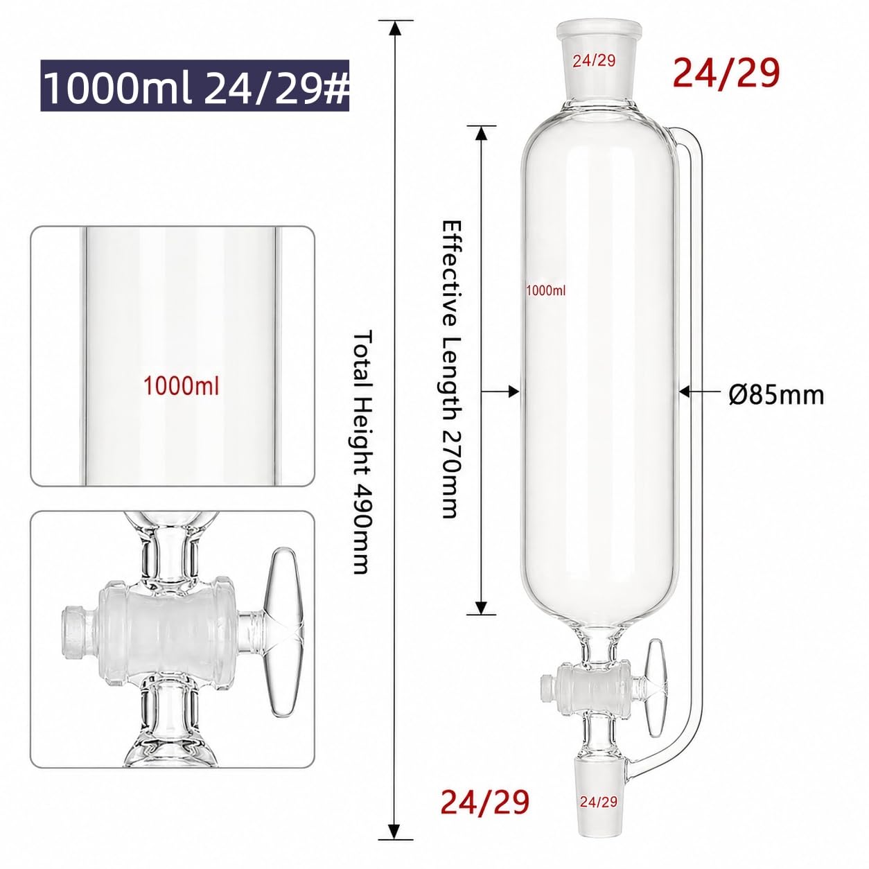 Lejek Wkraplacz z Wyrównaniem Ciśnienia Szkło Borokrzemowe Lab-1000mL 24#