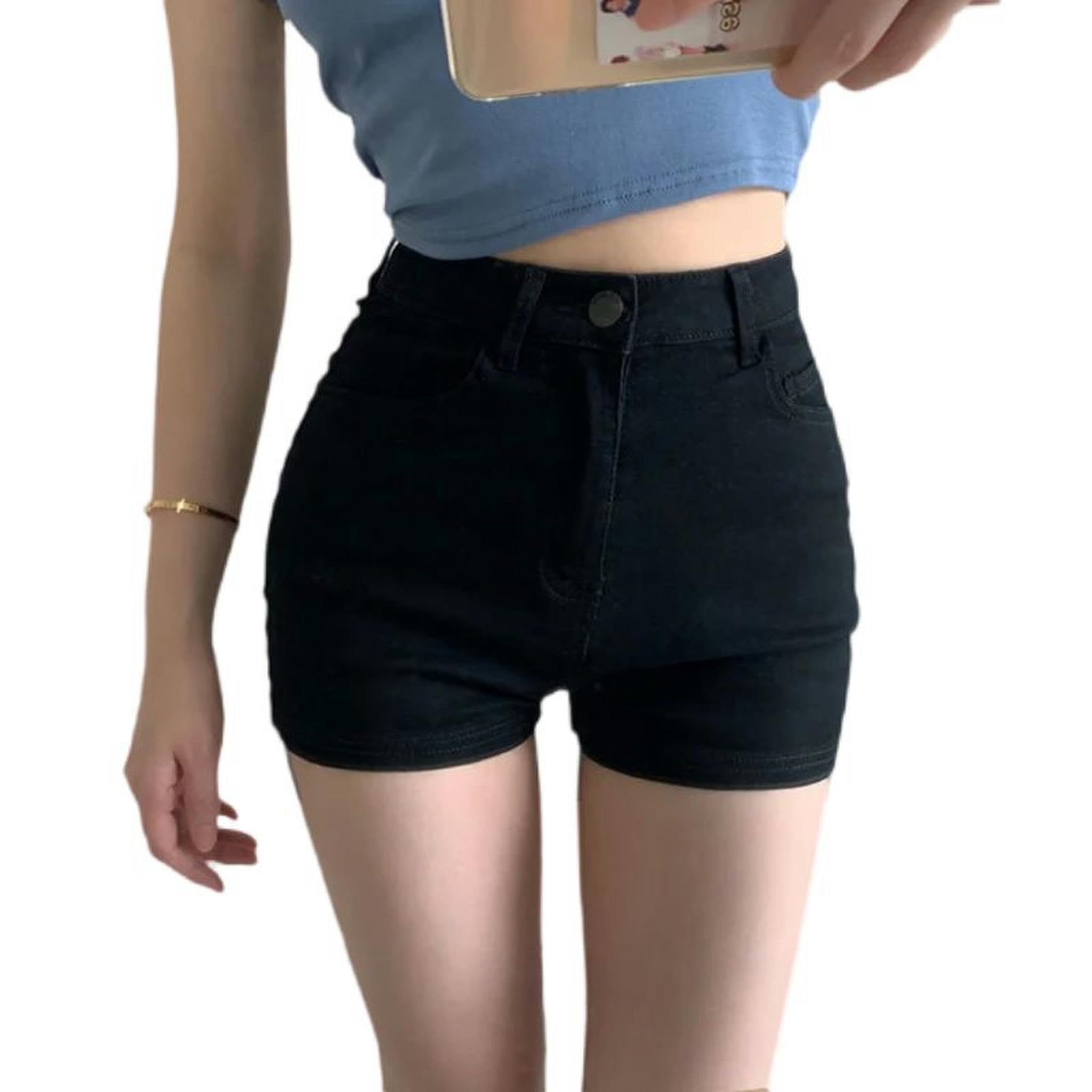 Short en jean noir pour l'été look Harajuku décontracté taille haute élastique