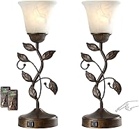 Vista 15 de Lámpara de mesa con control táctil con 2 puertos de carga USB, lámparas de mesita de noche regulables de 3 vías, pantalla de vidrio ámbar, lámpara