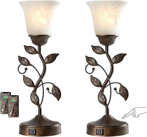 Miniatura 12 de RORIANO - Lámpara de mesa rústica con control táctil para dormitorio, lámpara de noche regulable de 3 vías con 2 puertos USB, lámpara de escritorio