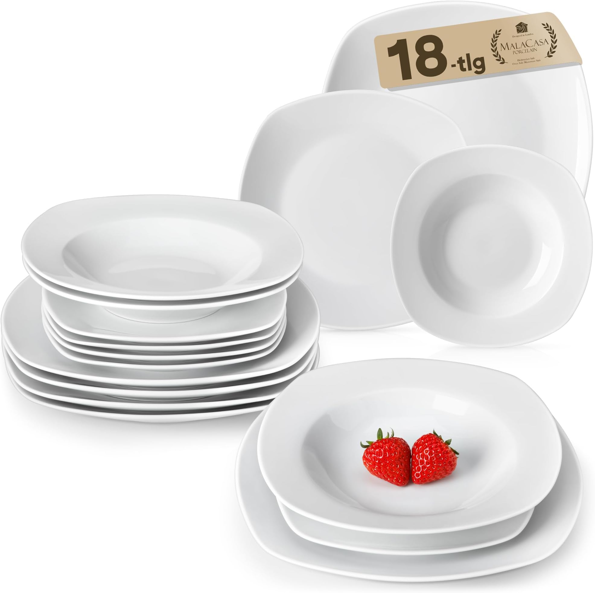 MALACASA, ELISA Series, 18-Piece Grey White Porcelain Dinner Service Crockery Set, 6 Dinner Plates, Dessert Plates, Soup Plates for 6 People