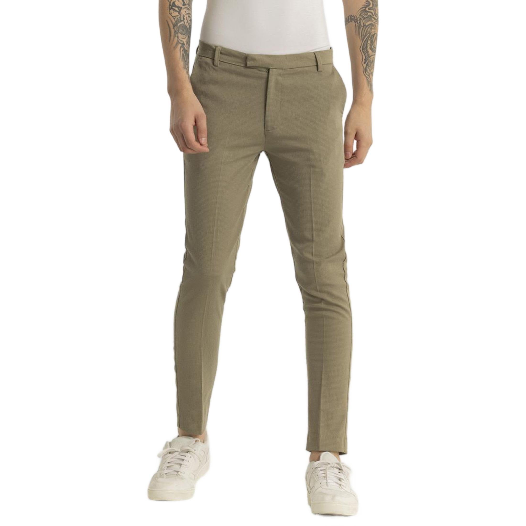 Yann Khaki Plain Slim Fit Trousers-image-45