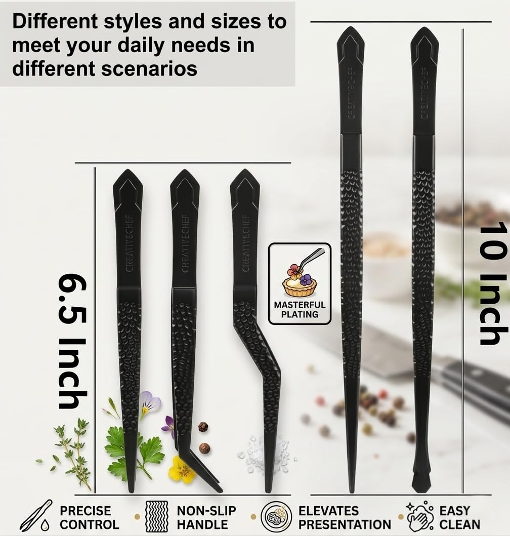 2 Piezas Pinzas de Cocina para Emplatar Ergonómicas para Alimentos, Pinzas Finas, Herramienta de Cocina de Chef para Alimentos y Reparaciones, Pinzas de Acero Inoxidable, Pinzas de