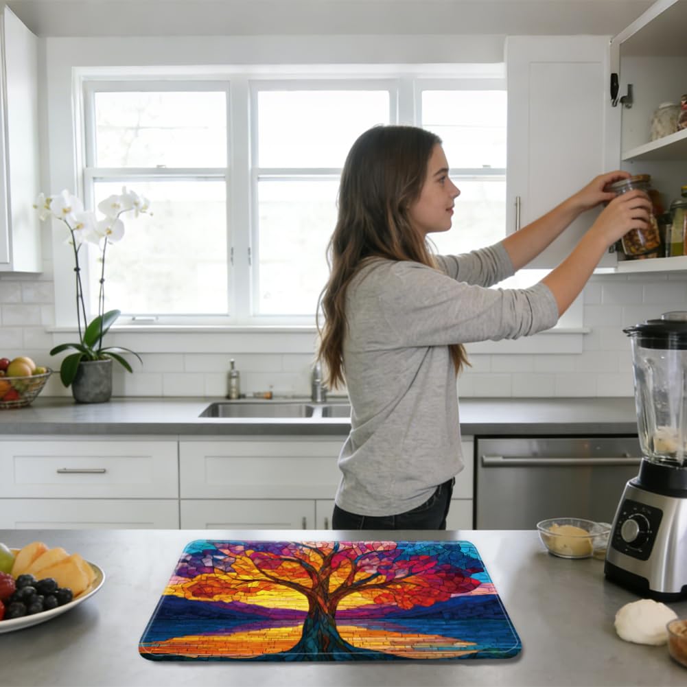INFUNLY Tapis d'égouttoir à vaisselle Motif arbre de vie - En microfibre absorbante - Antidérapant - 60 x 45 cm - Pour table, plan de travail, évier, café, bar
