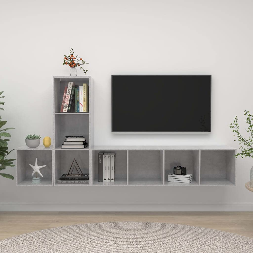 3-TLG. TV-Schrank-Set Betongrau aus Holzwerkstoff, Hängendes Lowboard für Wohnzimmer, Modernes Media-Center mit Viel Stauraum, Stilvolle TV-Möbel Kommode