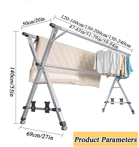 Miniatura 7 de Foldable Stainless Steel Clothes Drying Rack with Wheels, Adjustable Heavy Duty Laundry Rack for Indoor Outdoor Use(240cm94in)