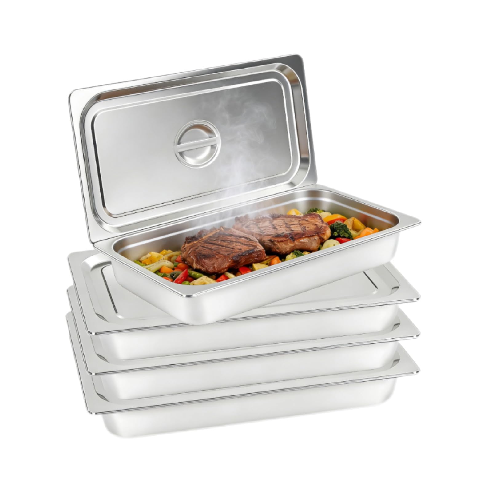 Lot de 4 Bac Inox Alimentaire, 53.5 x 32.5 x 10 cm Plat Four Rectangulaire, Bac Inox Alimentaire Avec Couvercle, Récipient Gastronorme pour Nourriture, pour Cuisson, Restauration