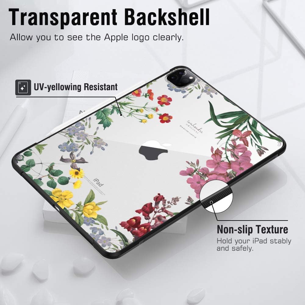 Dadanism Clear Case for iPad Pro 11 inch 2020 2nd Generation & 2018, Ultra Slim Transparent Hard PC Back Cover with Shockproof Soft TPU Edge [Support Apple Pencil Pair/Charging] - Fairy Flowers