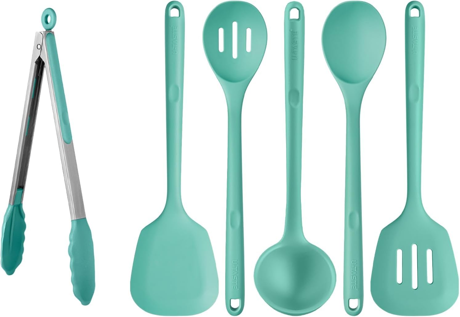 U-Taste 600℉ Heat Resistant BPA Free Non Stick Firm Cooking Tongs (12in), and 600℉ Heat Proof BPA-Free Solid/Slotted Sturdy Cooking Utensil for Non Stick Cookware (Set of 5), Aqua Sky