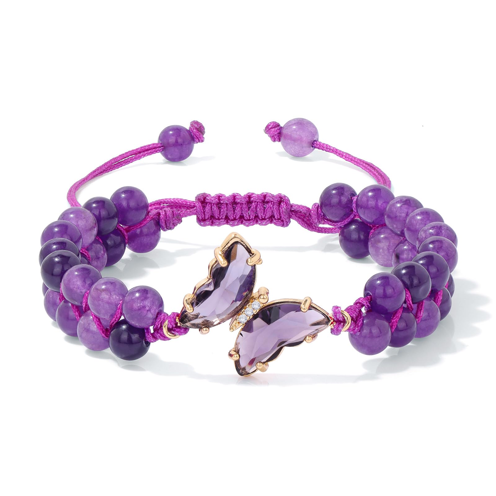 Braccialetto di Ametista per Donna, Braccialetti Anti-ansia con Perline di Ametista, ciondoli a Farfalla, Braccialetti a Strati di Pietre per Donna