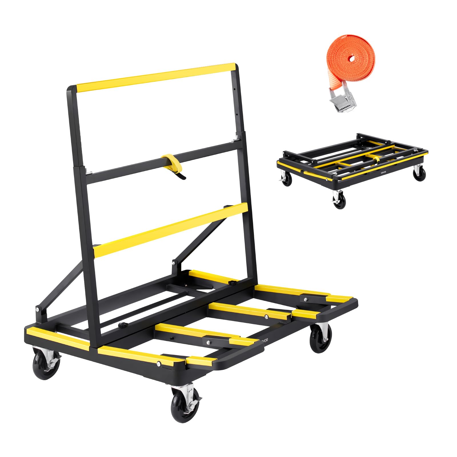 VEVOR Carrello per Cartongesso, Capacità di Carico 816 kg, in Acciaio con 4 Ruote Girevoli e Piano Espandibile, Carrello per Pannelli con Piattaforma Pieghevole con Cinghia di Fissaggio