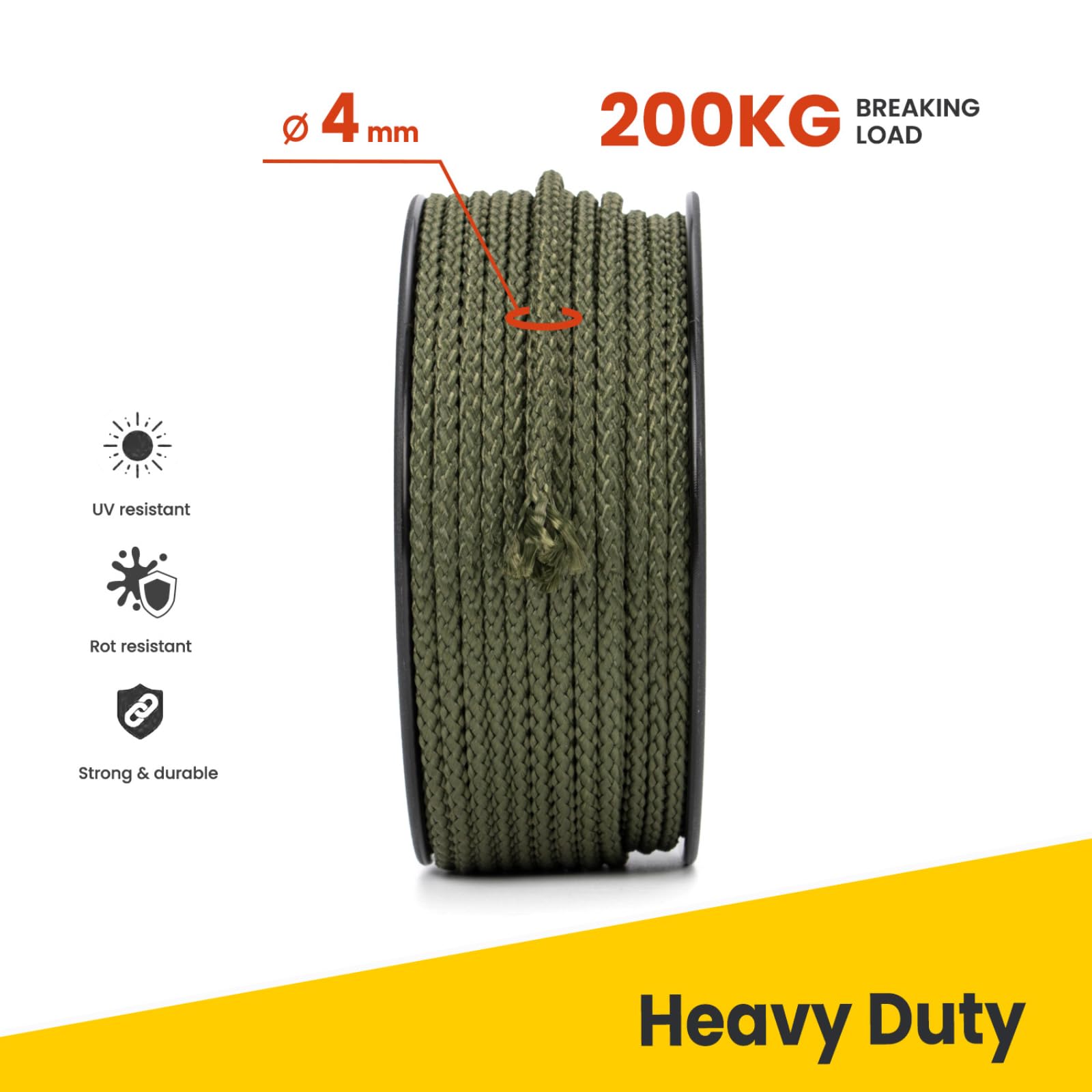 Brotree Polyester Rope 4mm x 50m Army Green - Diamond Braided Rope Cord Low Stretch - 200KG Breaking Load - Image 3