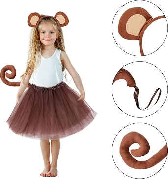 EUPSIIU 3 Pieces Monkey Costume Animals Ears and Tail, Monkey Ears Headband and Monkey Long Tail Princess Tutu, Mouse Bear Animal Costume for Girls Kids Dress Up Halloween Carnival Cosplay