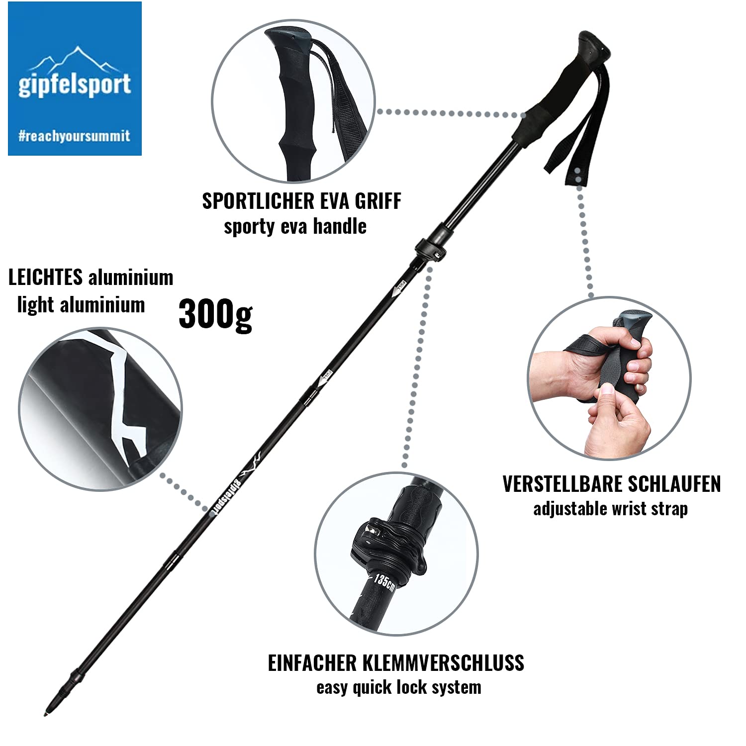gipfelsport Faltbare Wanderstöcke I Teleskop Trekkingstöcke mit Tasche I Wanderstock, Teleskopstöcke für Wandern, Hiking, Trekking I verstellbar I für Damen und Herren