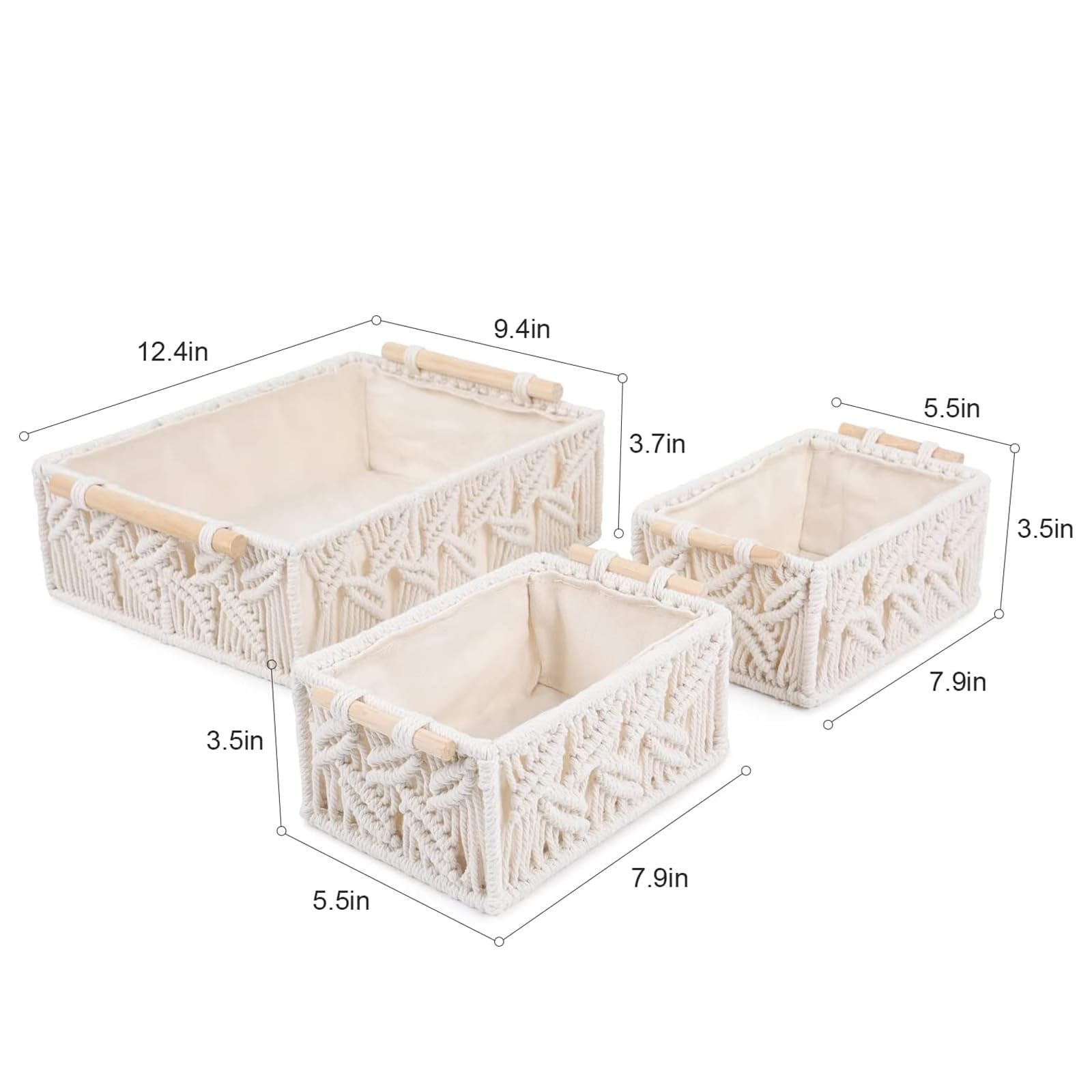 Juego de 3 cestas de almacenamiento tejidas de macramé con asas de madera, cajas estilo cajas para dormitorio, sala de estar y decoración de encimera