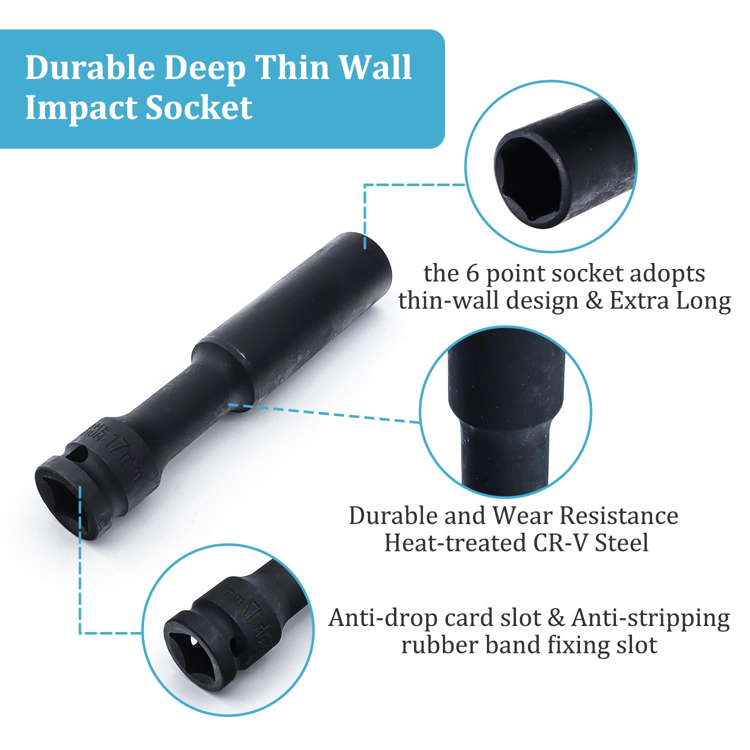 Juttzzei Deep Impact Socket 1/2 Inch Drive 17mm, CR-V Steel With 128mm Length 6-Point Metric Size for Car Tractors Engines Repair - Image 4