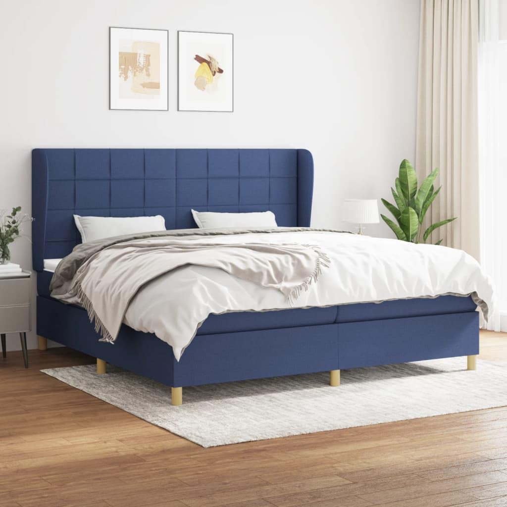 Letto a molle con materasso blu, 200 x 200 cm, in tessuto, con testiera, letto matrimoniale, con coprimaterasso e molle insacchettate, per chi dorme sulla schiena e sulla pancia