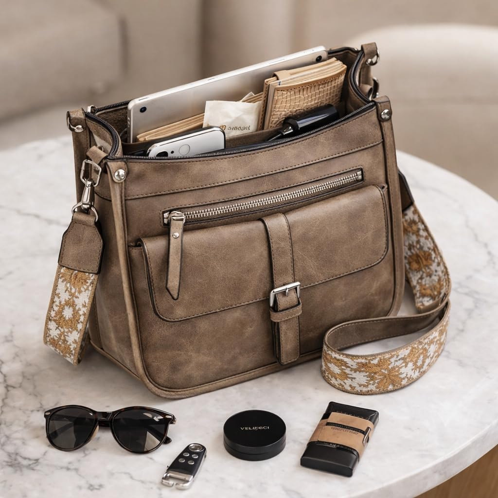 Crossbody Bags for Women Trendy, Vegan Leather Guitar Strap Purse Multi Pocket Medium Shoulder Bag Purses for Women